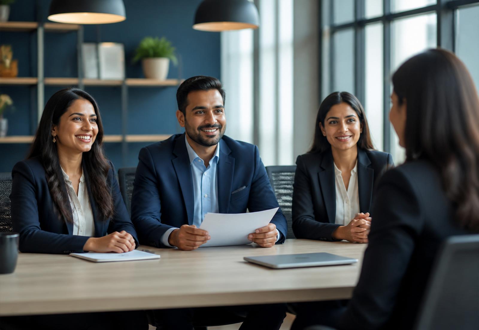 Recruitment consultants interviewing a candidate in a modern office